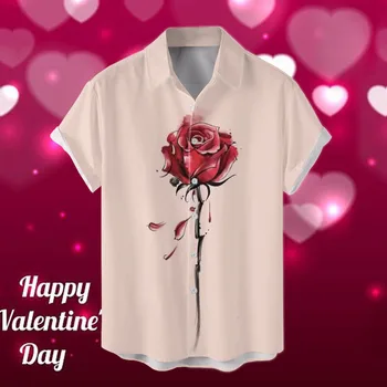 Мужская Цифровая 3D-печать на День Святого Валентина, Отворот со свободными пуговицами, рубашка с короткими рукавами, топ с художественной 3D-цифровой печатью, Красивые мужчины