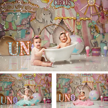 Фон для фотосъемки дня рождения девочки, цирковой вечеринки, Розовый Фон для украшения душа новорожденного, Карусель, Карнавальный праздничный баннер